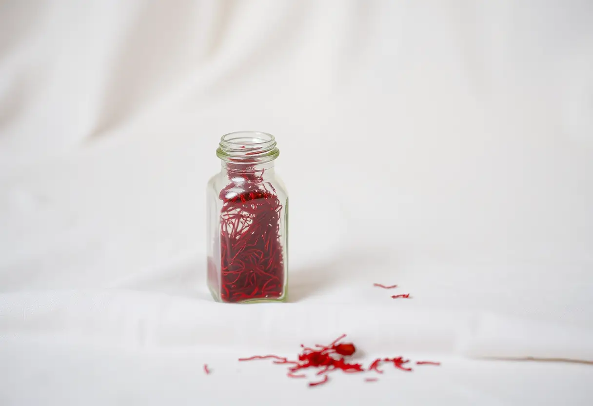 Bouteille en verre contenant des fils de safran rouge vif sur un tissu blanc neutre