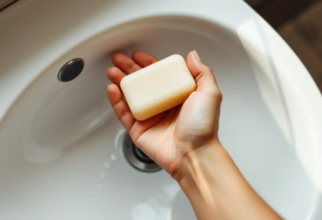 Une main tenant un savon posé sur un lavabo en porcelaine blanche, parsemé de gouttes d'eau.