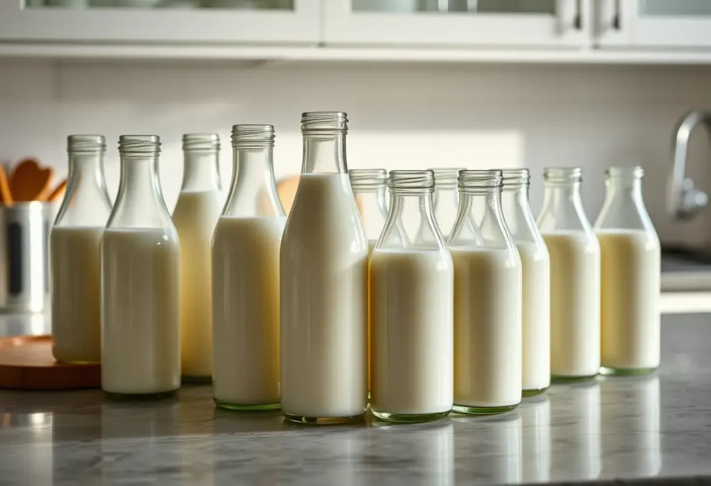 une plaque de cuisine présentant des bouteilles en verre remplies de lait maternel exprimé, disposées près d'un plan de travail en bois, sous la lumière naturelle