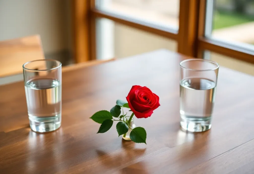 Un couvert pour deux avec une rose rouge au milieu, symbolisant l'intimité et l'amour.