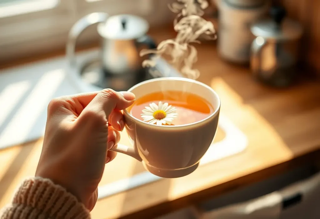 Main : une main féminine tient une tasse de thé camomille dans la cuisine