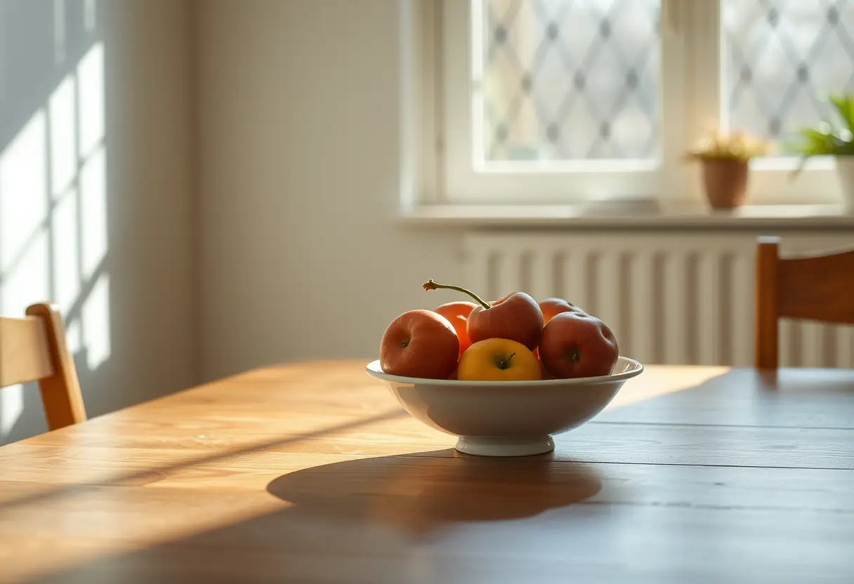 Vue : un bol de fruits frais sur une table de bois dans la cuisine