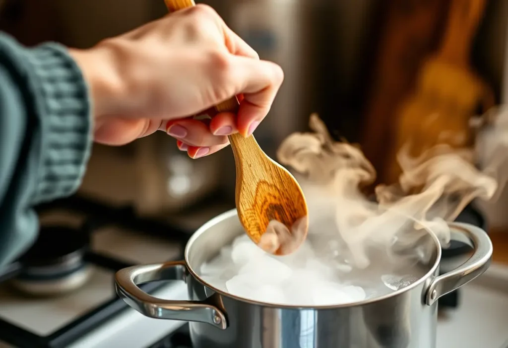 Une main tient une cuillère en bois au-dessus d'une casserole sur la cuisinière, illustrant l'importance de l'alimentation lors de la grossesse.