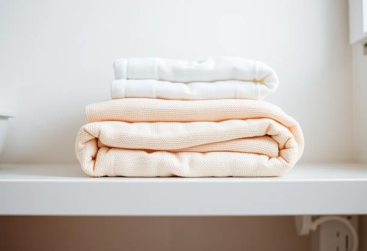 Un tas de serviettes en coton doux pliées sur une étagère dans la salle de bains, symbolisant le confort nécessaire durant la grossesse.