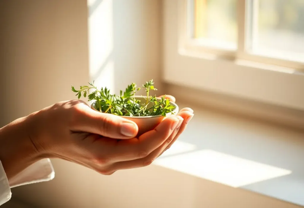 Une main féminine tenant un bol en céramique rempli d'herbes fraîches