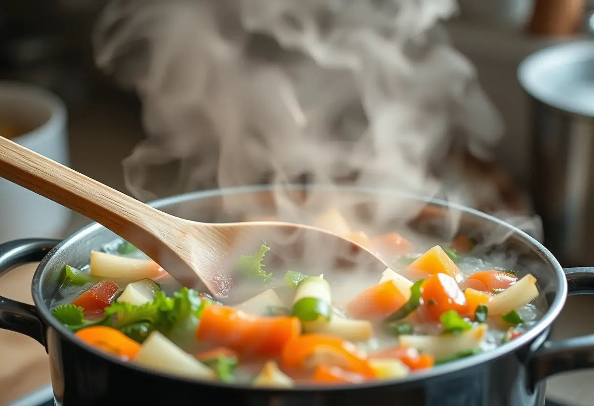 Une cuillère en bois qui remue des légumes cuits sur un comptoir de cuisine