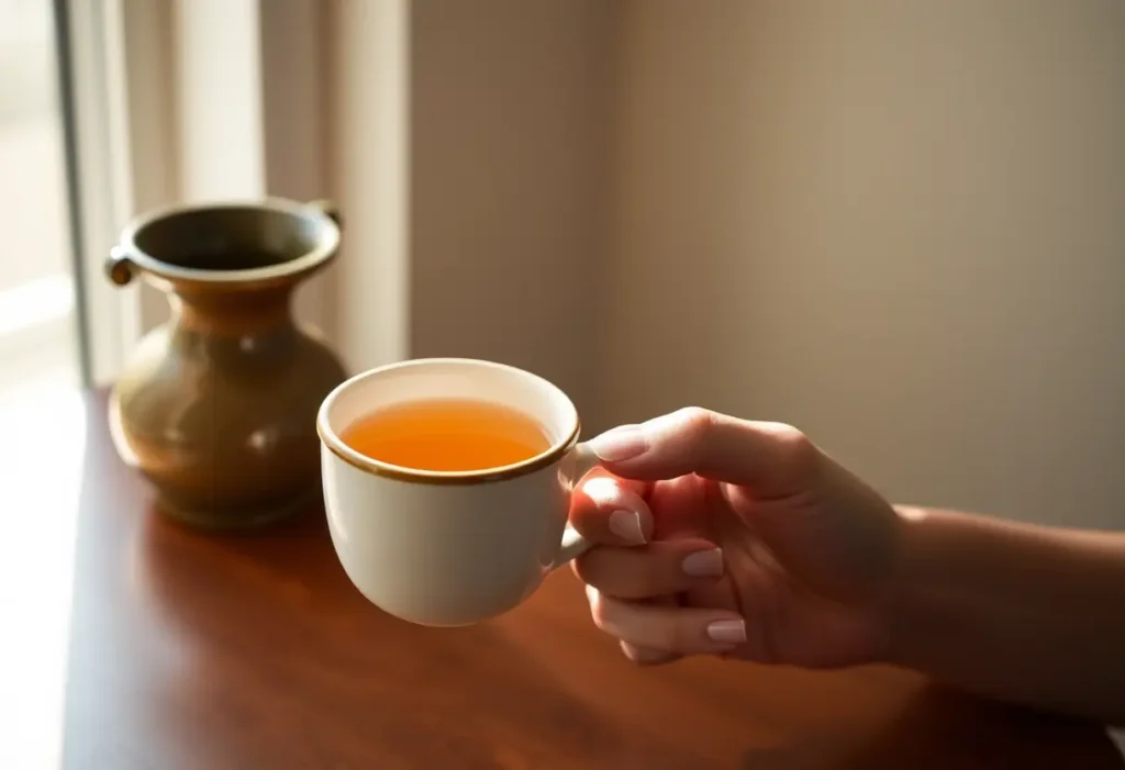 Une main tient une tasse de thé au gingembre, éclairée par la lumière du jour