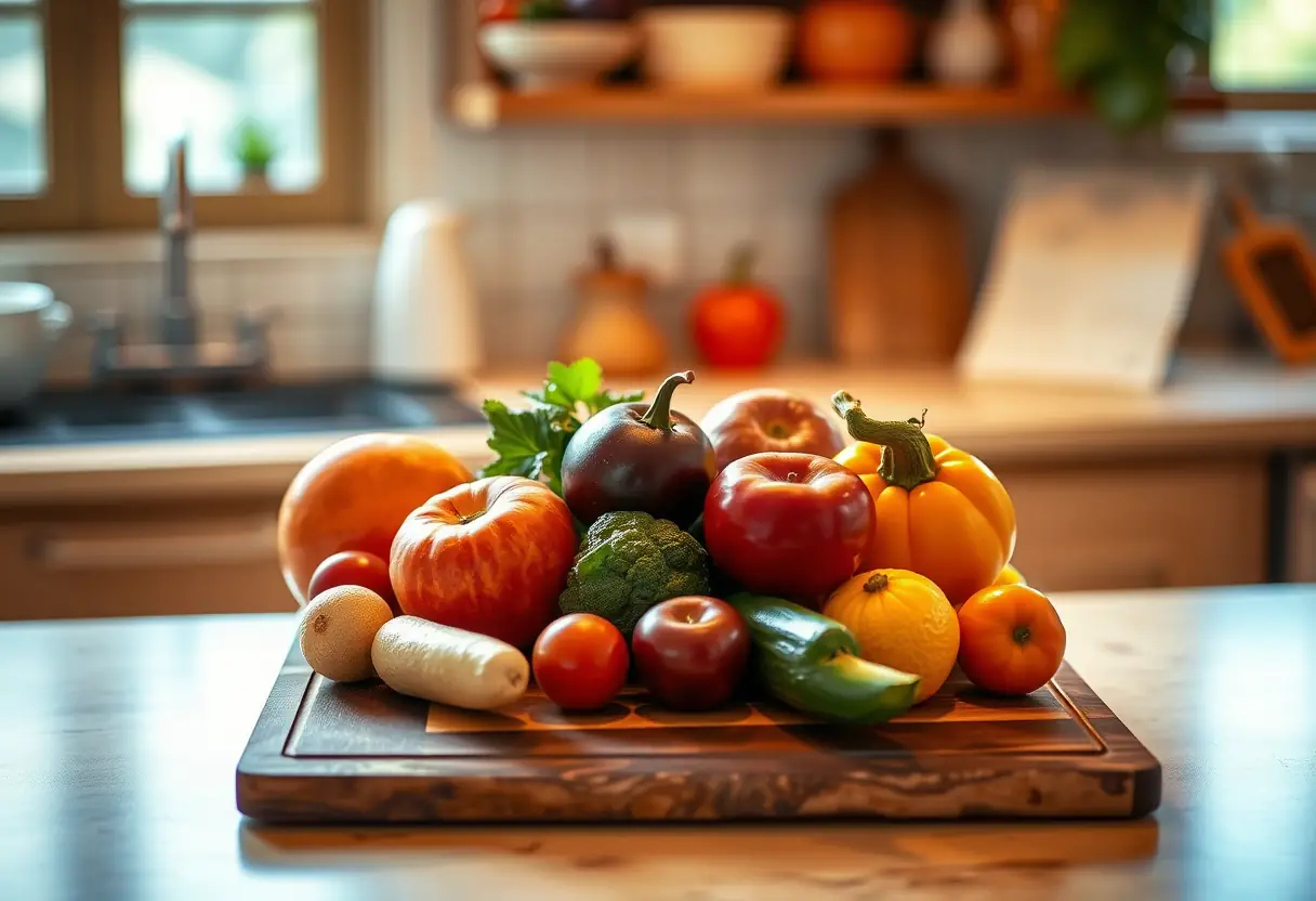 Un plan de travail de cuisine avec un plateau en bois contenant des fruits et légumes, éclairé par une lumière douce