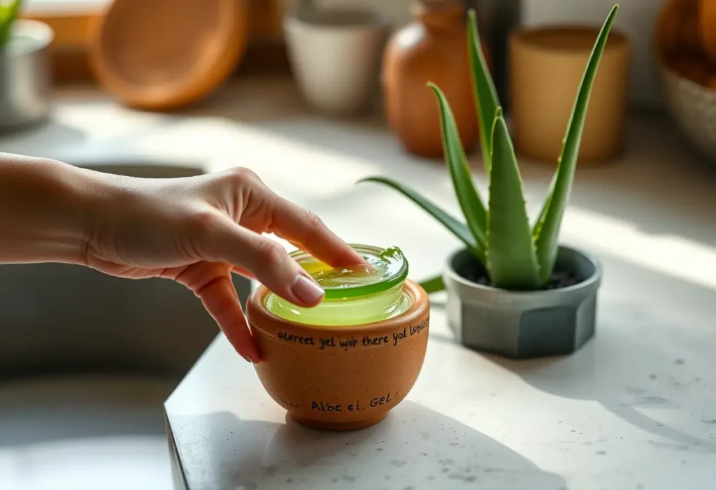 Main: Une main féminine tient un petit pot en argile contenant du gel d'aloès, éclairée par la lumière naturelle.