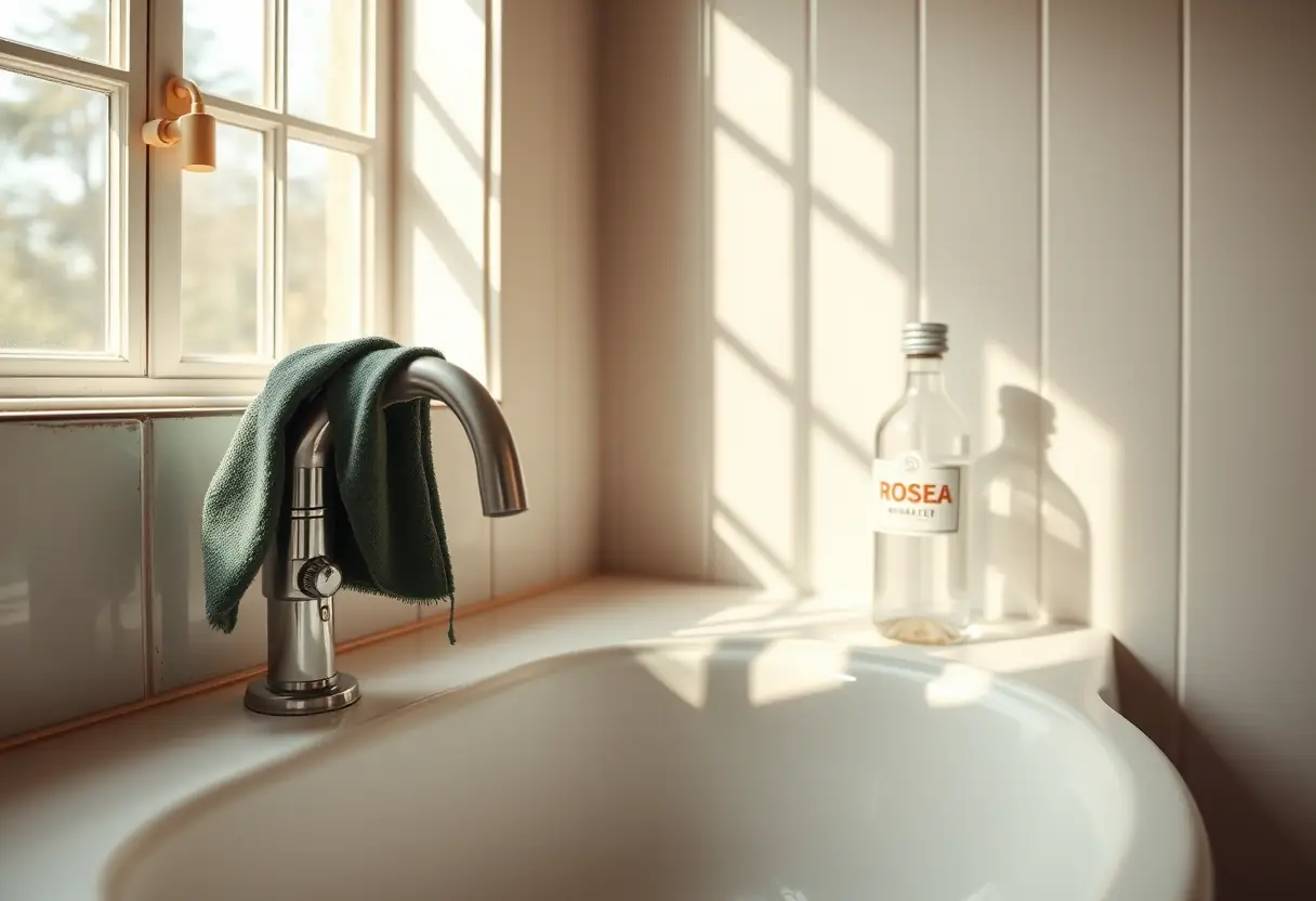 Main: Un lavabo avec un torchon vert foncé et une bouteille en verre remplie d'eau de rose, éclairé par la lumière du matin.