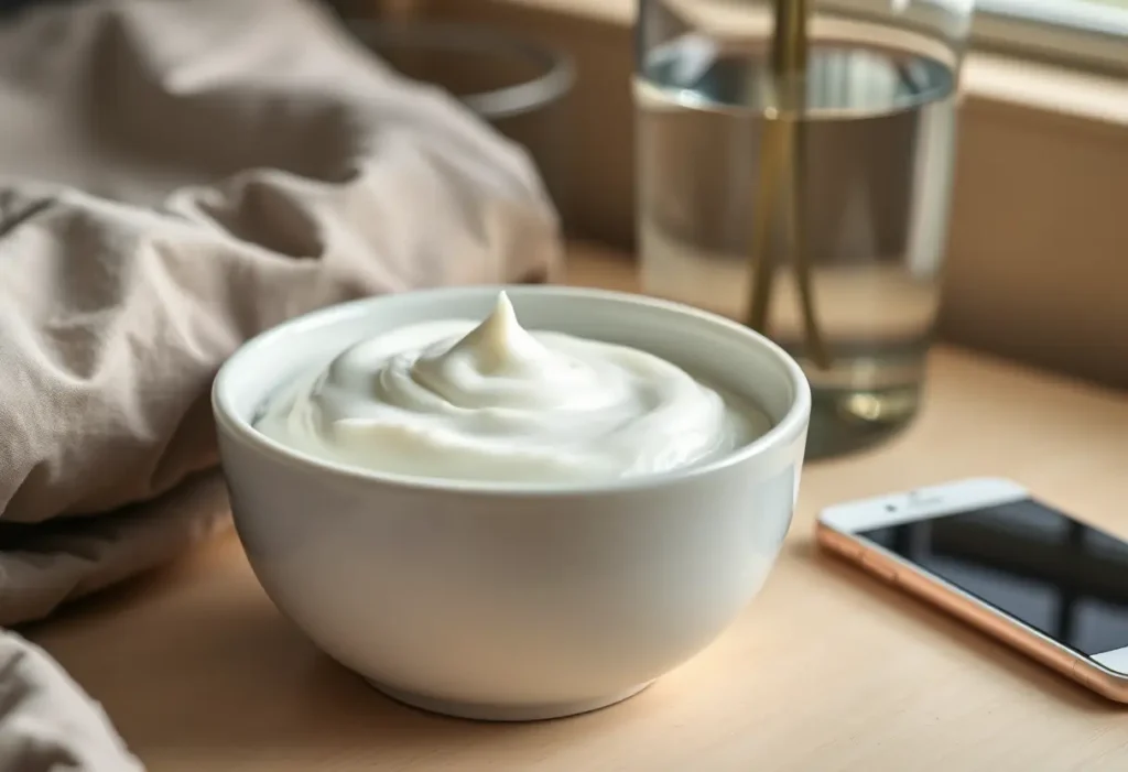 Un bocal de soin hydratant blanc près d'un verre d'eau, rappelant l'importance de l'hydratation pour les peaux grasses.