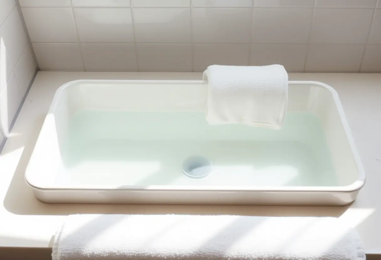 Un grand récipient rempli d'eau chaude, près d'un gant de toilette blanc pour le visage. Lumière naturelle.