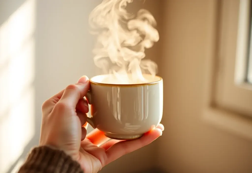 Une main féminine tient une tasse de thé chaud, évoquant sérénité et bien-être