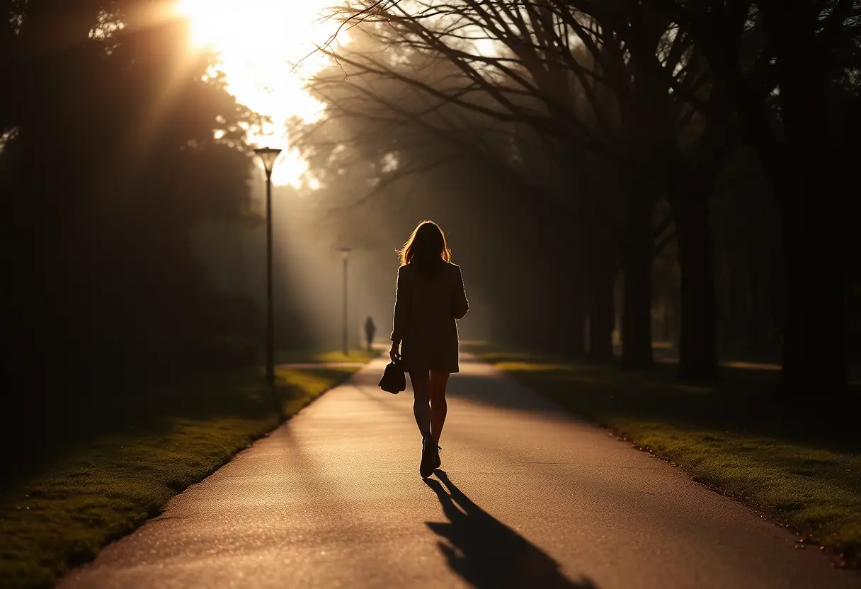 Un profil de femme marchant seule dans un parc au lever du soleil, évoquant la solitude apaisante