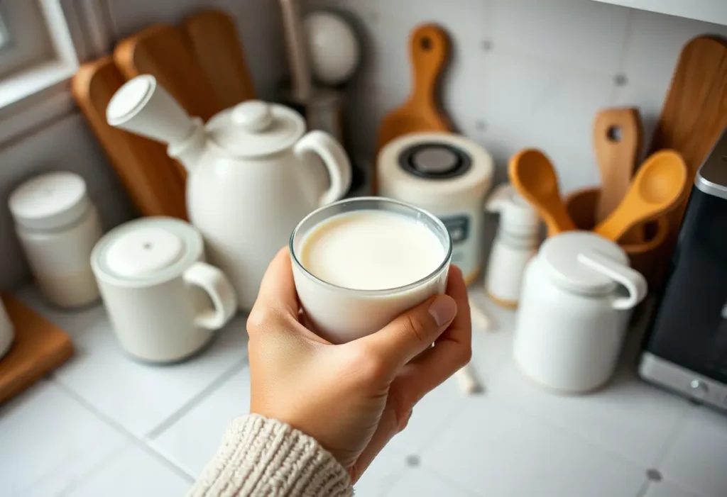 Main de femme tenant une tasse de lait chaud sur un comptoir de cuisine, représentant la transition douce du sevrage.