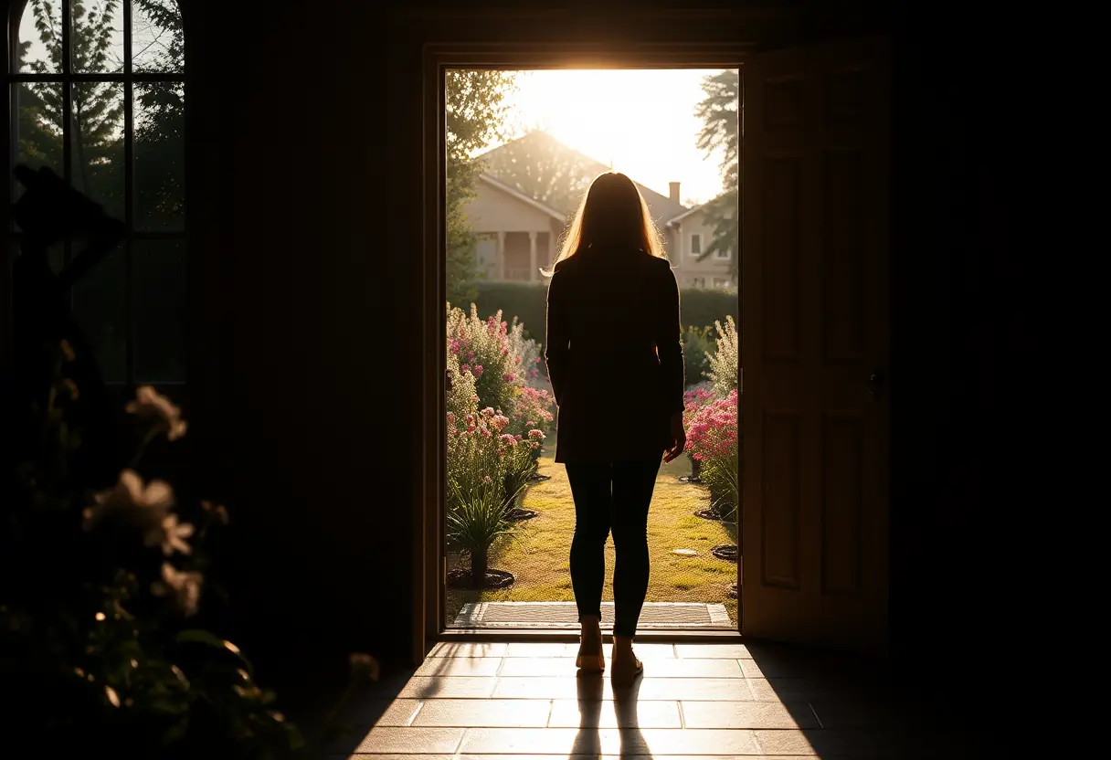 Silhouette de personne regardant un jardin en fleurs, illustrant l'émotion du sevrage de l'allaitement.