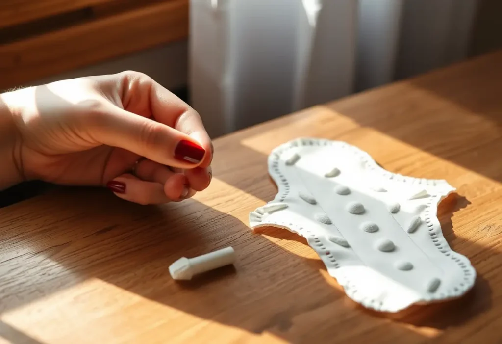 Main de femme tenant un tampon en coton à côté d'un tampón en coton, illustration d'une revue sur le bien-être des femmes