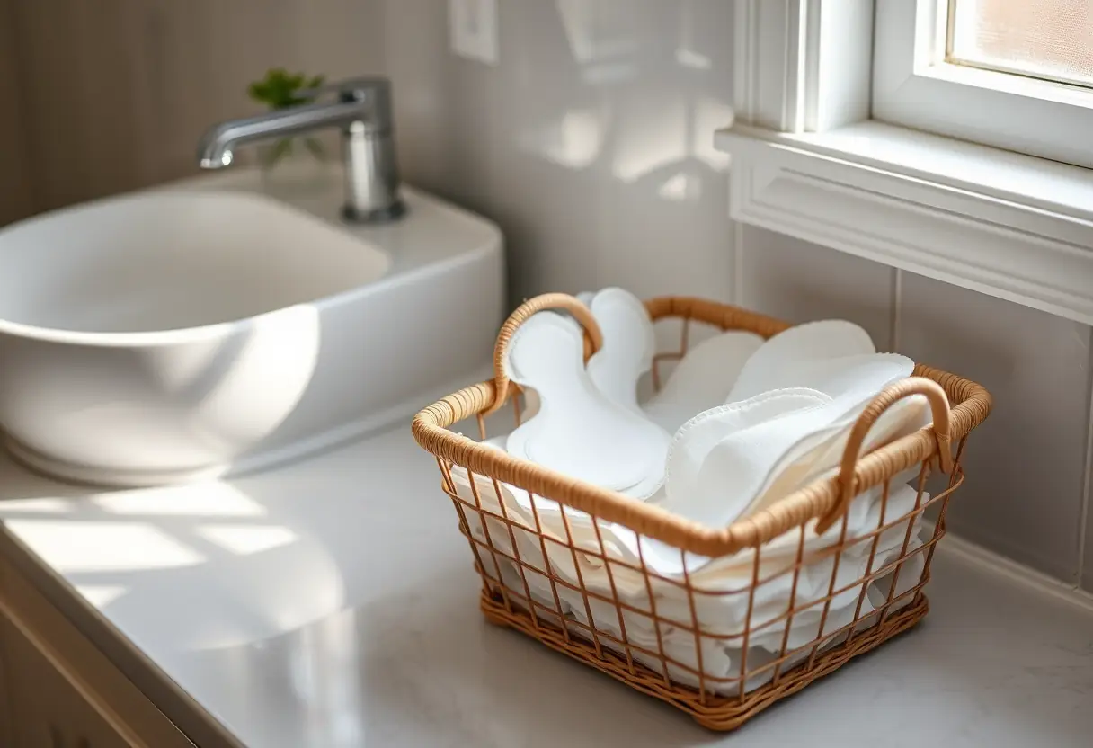 Image alternative : Panier rempli de tampons en coton posé sur un meuble de toilette, illustration d’un article sur le bien-être des femmes