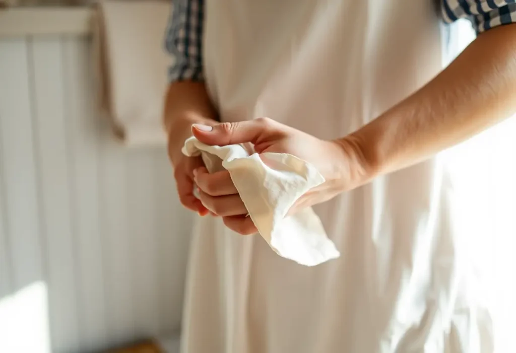 Main du femme pliant doucement un tissu en coton dans sa cuisine, sujet de bien-être féminin