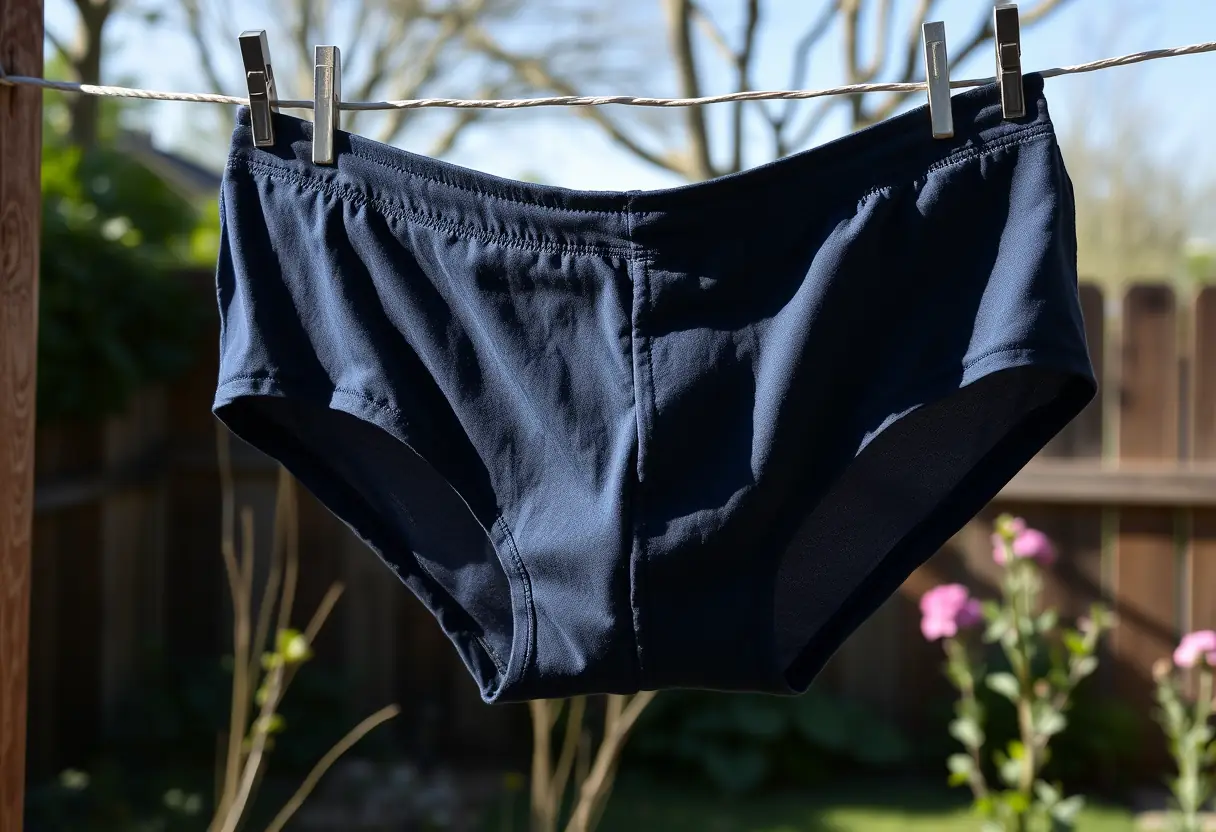 Culotte bleue foncée pendue à une corde en bois dans un jardin, sujet de bien-être féminin