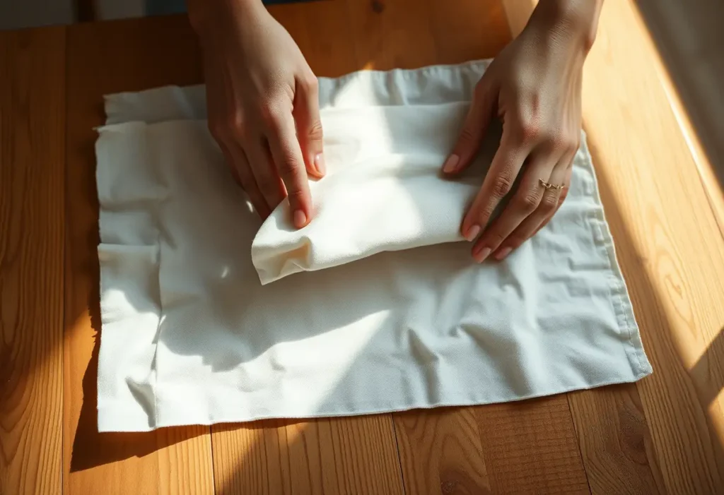 Une main féminine plie délicatement un tissu en coton sur une table en bois, éclairée par la douce lumière du jour, dans le contexte de la gestion du flux menstruel.