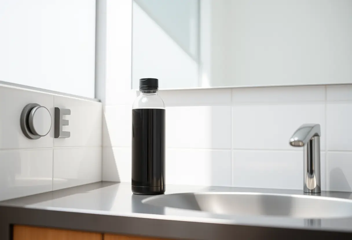 Une bouteille d'eau réutilisable posée sur un meuble de toilette, reflétant la lumière du plafond, dans le cadre des préoccupations environnementales liées aux culottes menstruelles.