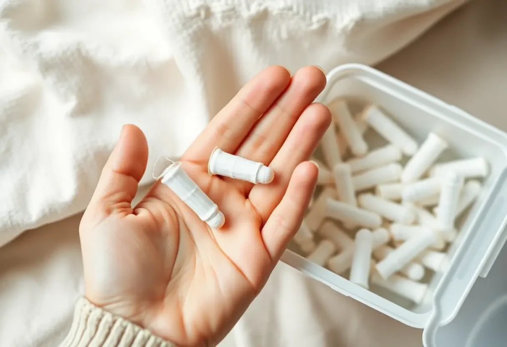 Main de femme tenant un tampon en coton près d'un conteneur en plastique blanc rempli de tampons, soulignant le confort et la commodité
