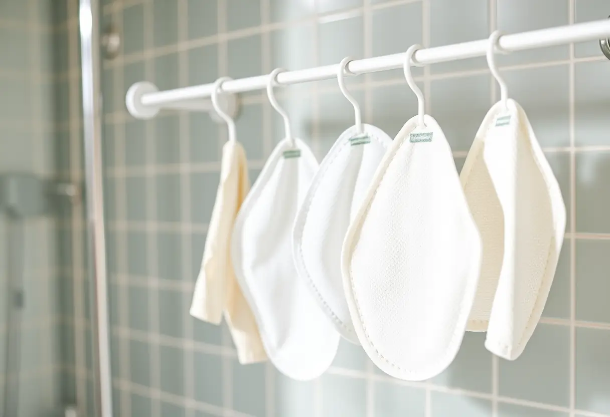 Étagère à sécher en toile de coton dans une salle de bains avec des serviettes réutilisables suspendues, mettant en valeur l'éco-concience et l'hygiène