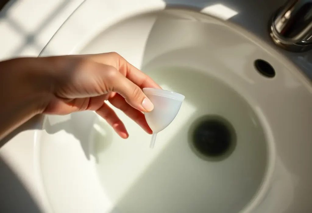 Main tenant d'une coupelle menstruelle près d'un lavabo