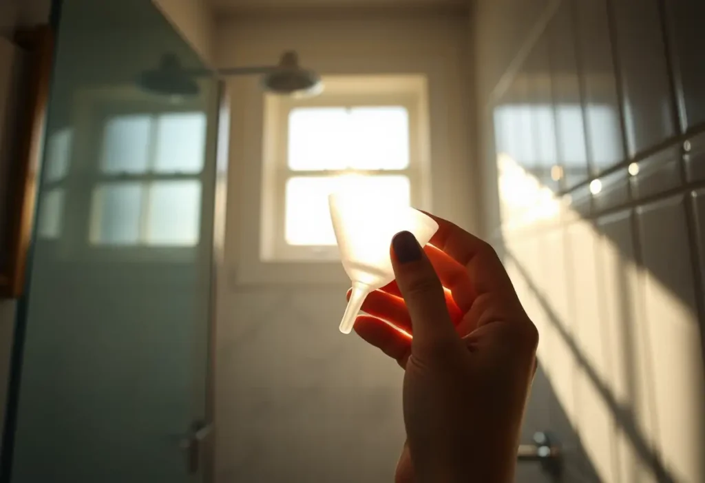 Une main tient un récipient en silicone dans une salle de bains, lumière naturelle, éco-responsable