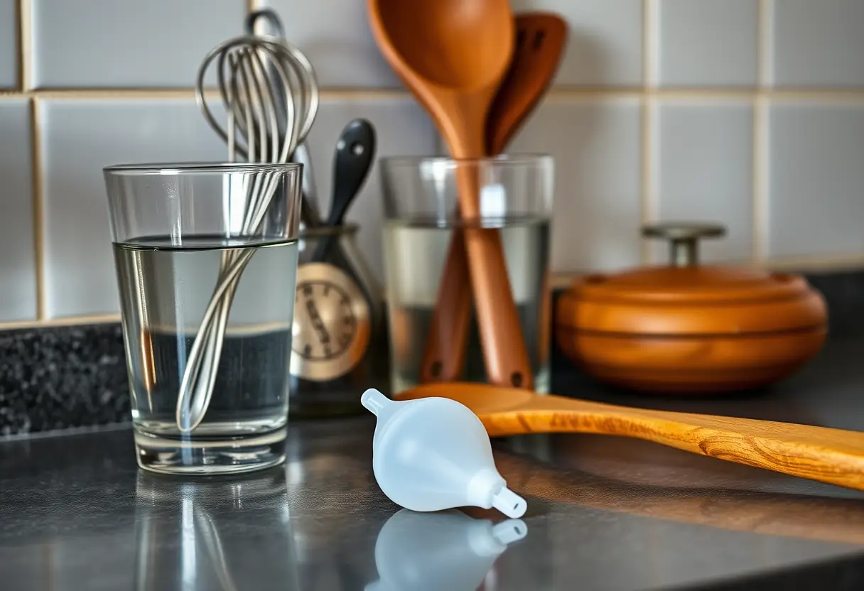 Un plateau de cuisine avec ustensiles métalliques et cuillère en bois, un récipient en silicone à côté, pratique et durable