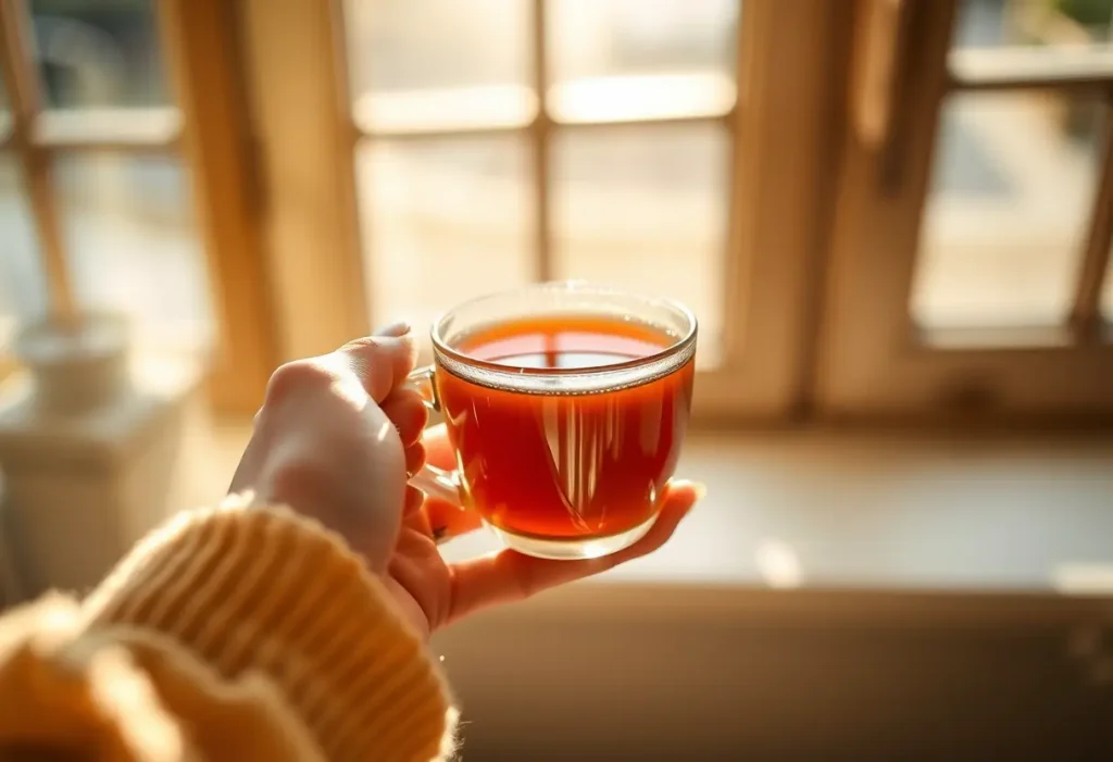 Une main féminine tenant une tasse de thé chaud, apportant chaleur et confort.
