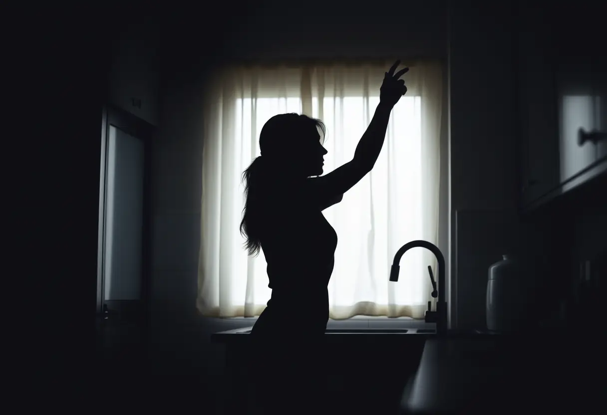 Un profil d'une femme dans sa cuisine, la main tendue vers le robinet, mettant en valeur son quotidien.