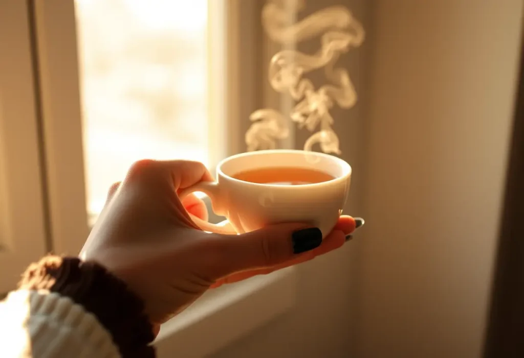 Une main féminine tenant délicatement une tasse de thé chaud, éclairée par la lumière naturelle qui filtre à travers un fenêtre.