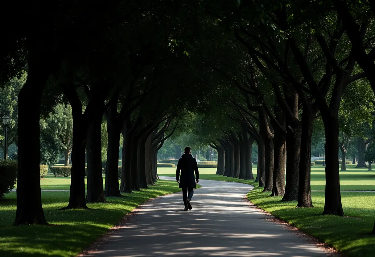Une silhouette se promenant dans un parc calme bordé d'arbres, créant un environnement paisible et accueillant.