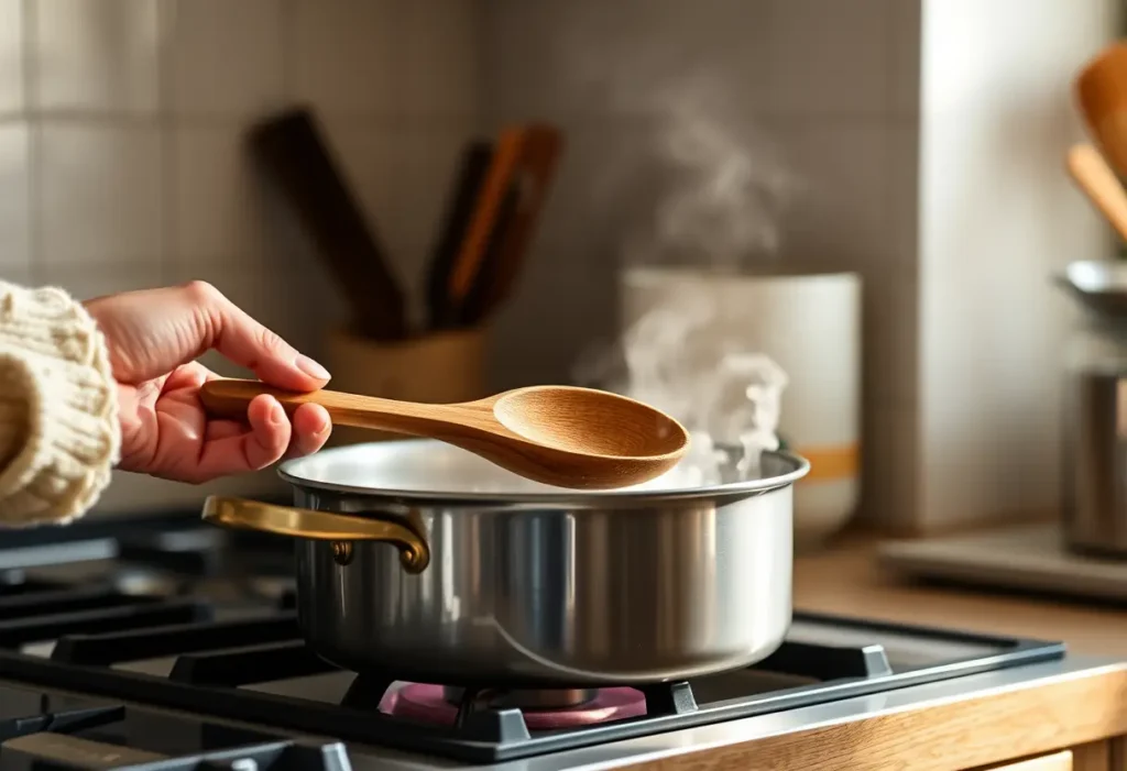 Une main féminine tenant une cuillère en bois au-dessus d'une marmite bouillante, questionnant la charge mentale