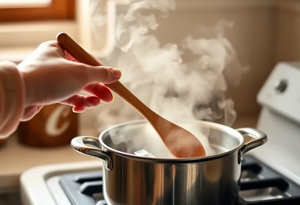 Main dans une cuisine, une cuillère en bois au-dessus d'une casserole fumante, charge mentale