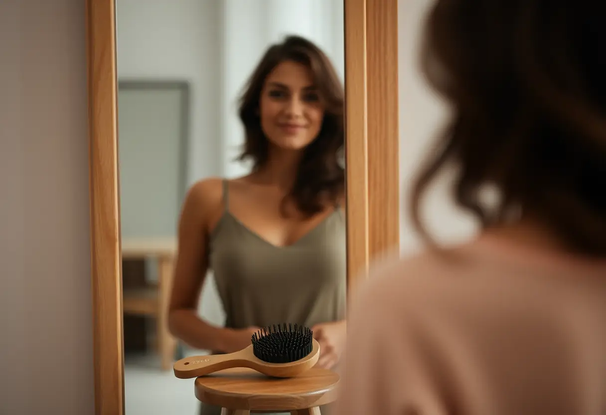 Silhouette féminine devant un miroir, peigne sur une petite chaise, charge mentale