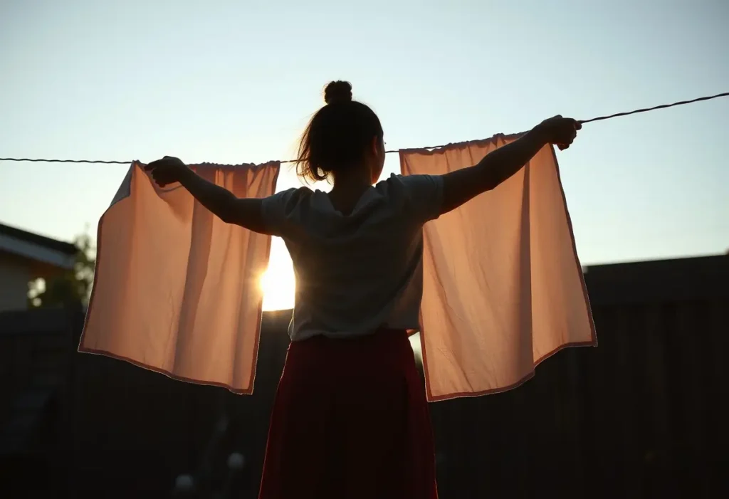 Silhouette d'une femme qui étend des serviettes en coton, soulignant l'entretien de la zone intime