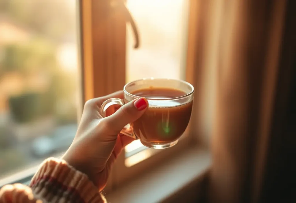 Une main tenant une tasse de thé dans un rayon de soleil, symbolisant le réconfort et la compréhension.