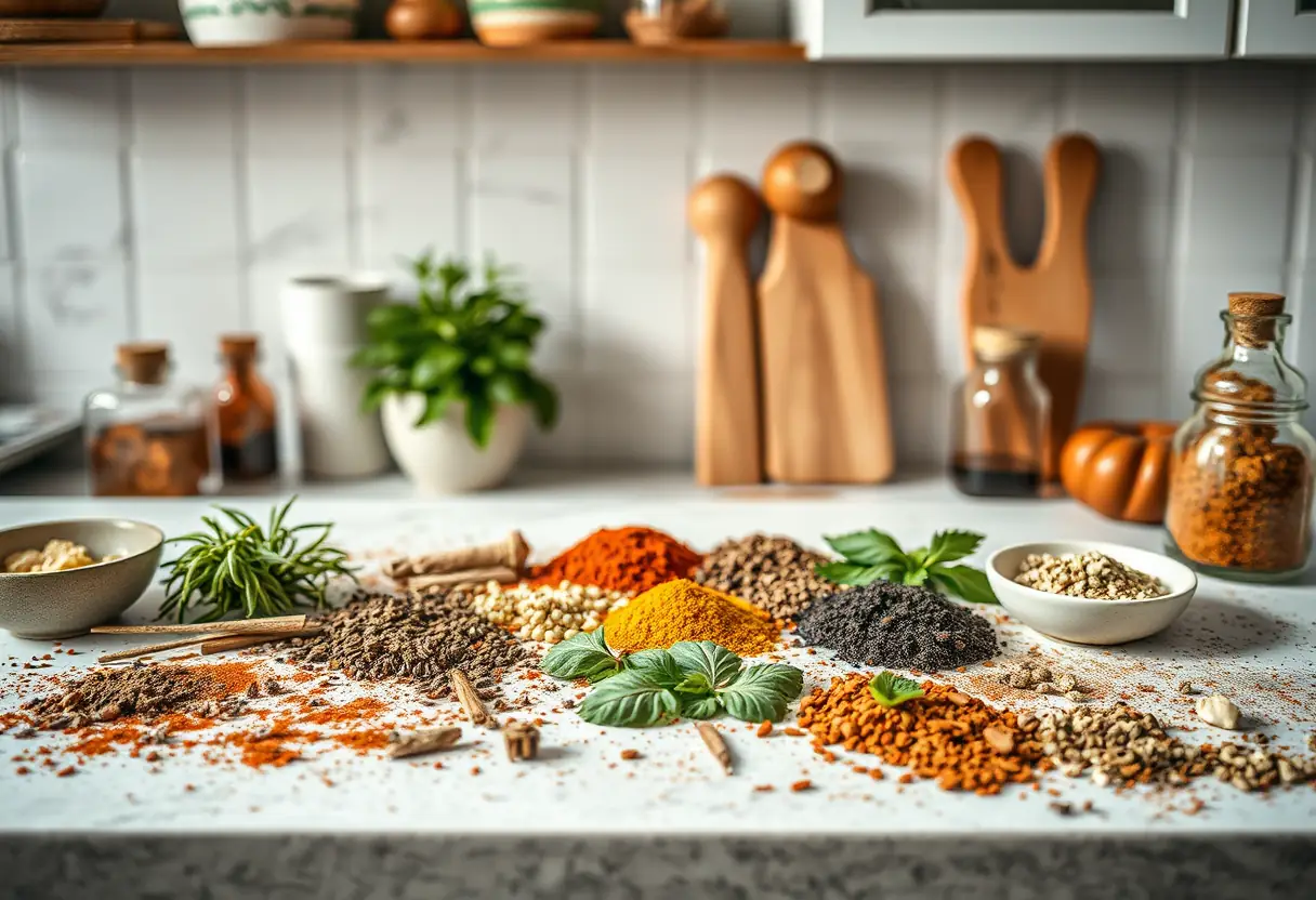 Un plan de travail de cuisine couvert de diverses épices et herbes, évoquant soin et bien-être.