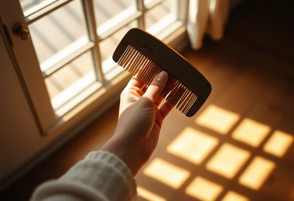 Une main féminine tenant délicatement un peigne en bois, éclairée par la lumière du soleil qui filtre à travers une fenêtre.
