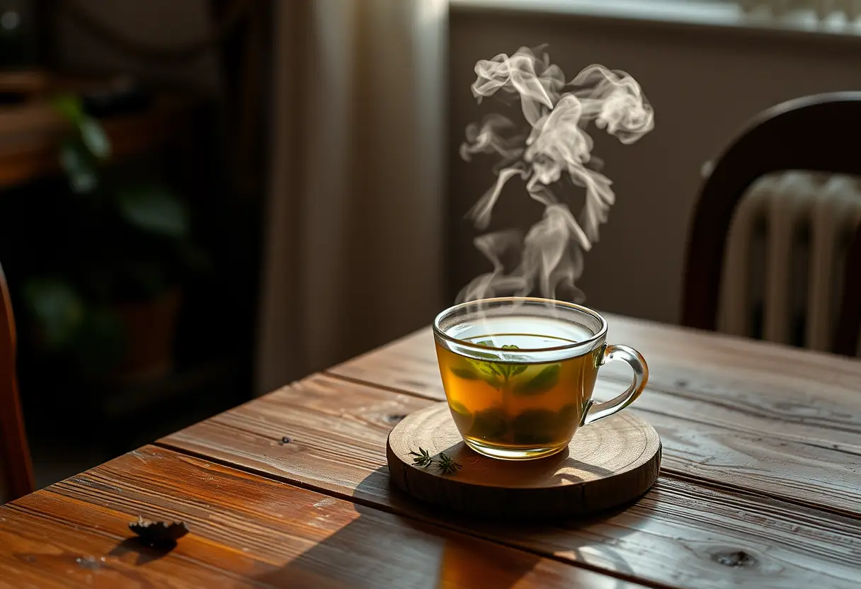 Une tasse de thé herbeux fumant posée sur une table en bois rustique, la vapeur s'élevant doucement, la table située dans un coin calme de la maison.