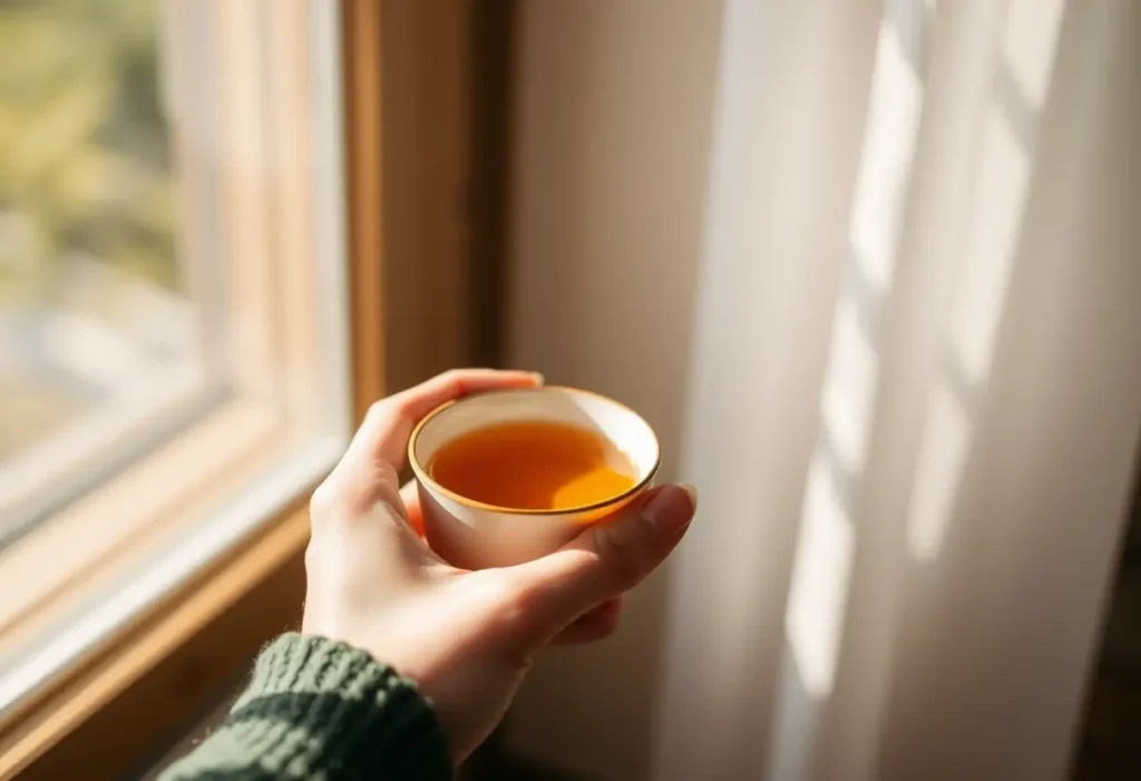 Une main tenant une tasse de thé chaud, apportant douceur et bien-être
