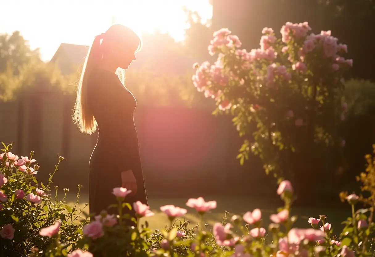 Silhouette d'une femme dans un jardin fleuri, baignée de lumière matinale, offrant sérénité et paix