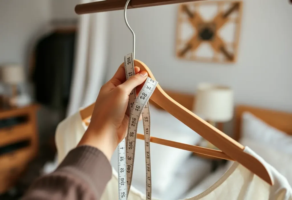 Une main féminine tient un ruban mesure autour d'un cintreuse en bois dans une chambre accueillante