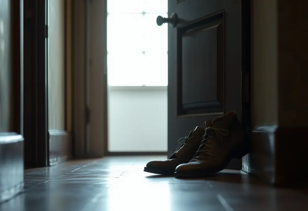 Une paire de chaussures usées posées près d’une porte, évoquant les efforts quotidiens pour préserver l’équilibre familial.