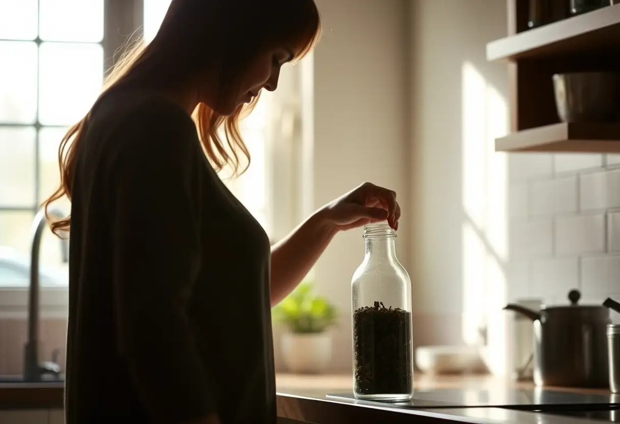 Silhouette de femme dans une cuisine baignée de lumière naturelle, atteignant une bouteille de thé aux herbes, symbole de bien-être