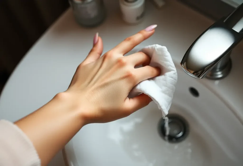Une main féminine tenant délicatement un tampon en coton près d'un lavabo, naturel