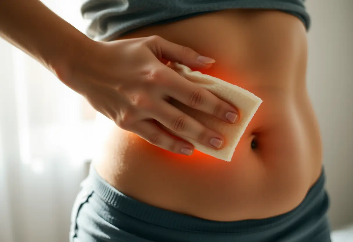 Une main tenant une compresse chaude sur l'abdomen, apaisante pour la douleur pelvienne
